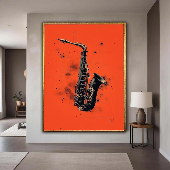 Black Saxophone Grunge Orange Background Music Room Wall Poster