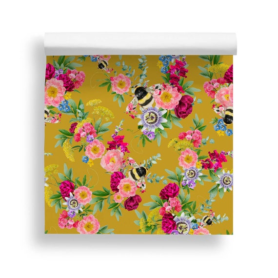 Mixed Bee Wallpaper, Mustard Home Decor