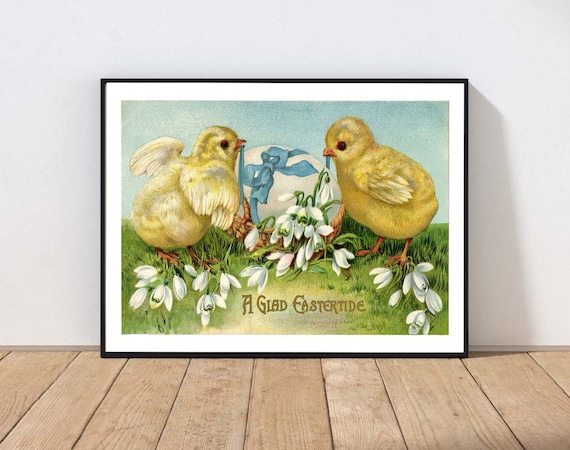 Vintage Easter Snowdrop Flowers and Baby Chicks Art Print
