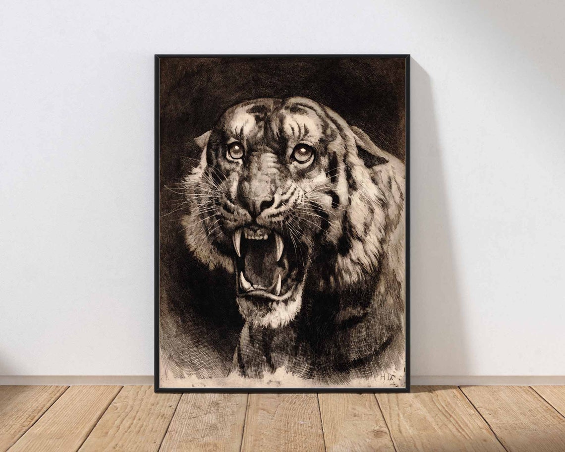 Roaring Tiger Portrait Wall Art Vintage Jungle Cat Sketch Drawing