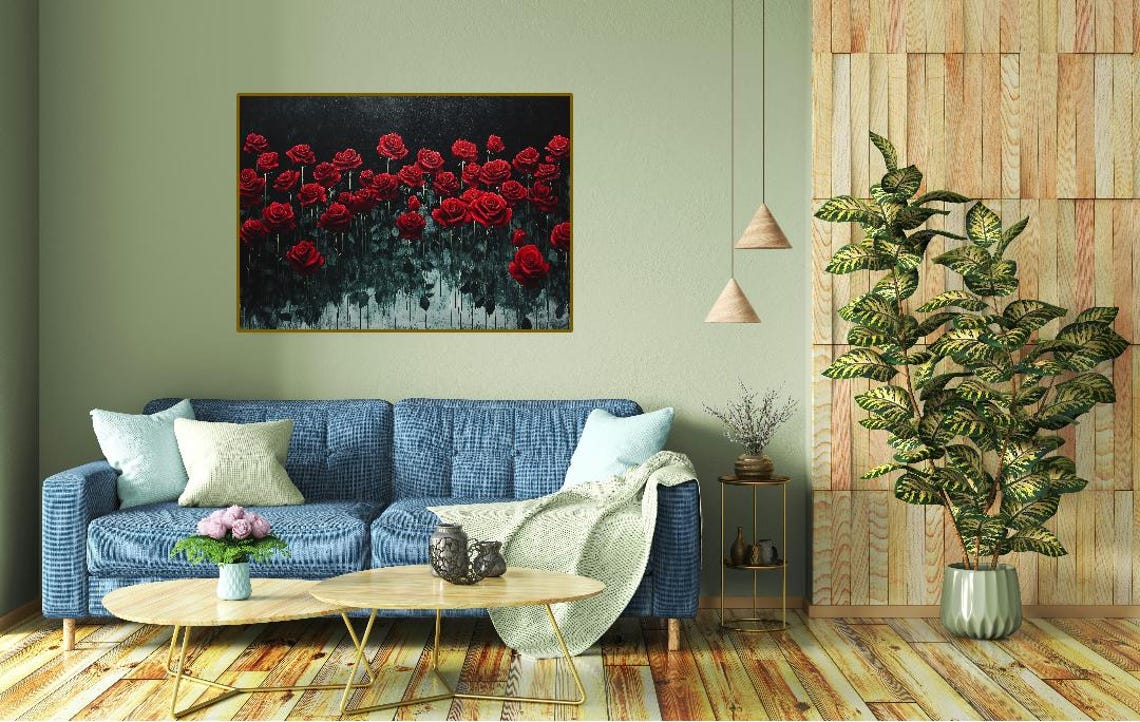 Red Roses on Dark Background Moody Elegant Floral Painting Wall Art
