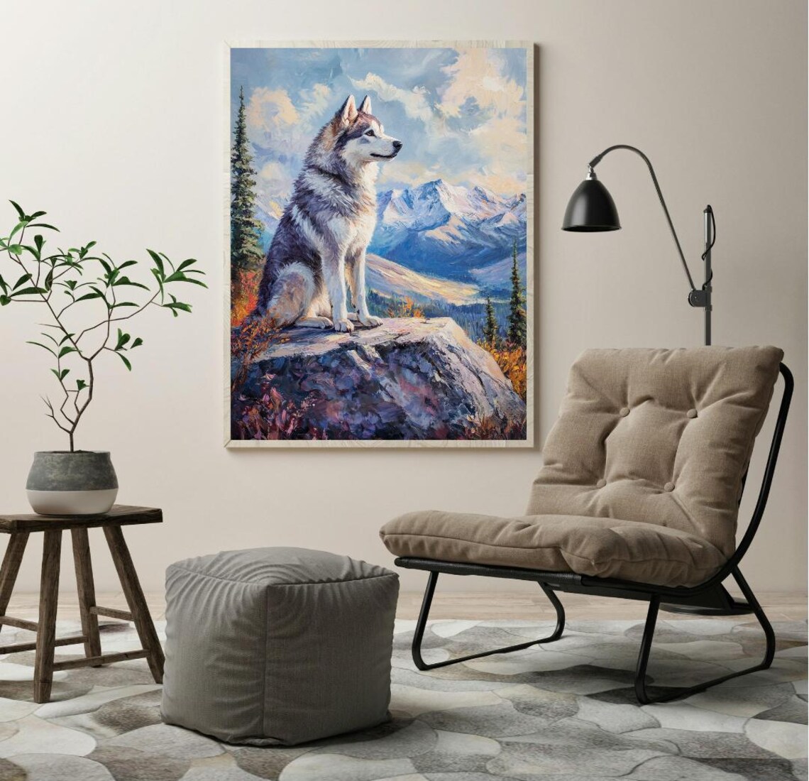 Siberian Husky Mountain Summit Oil Painting Majestic Dog Wall Art