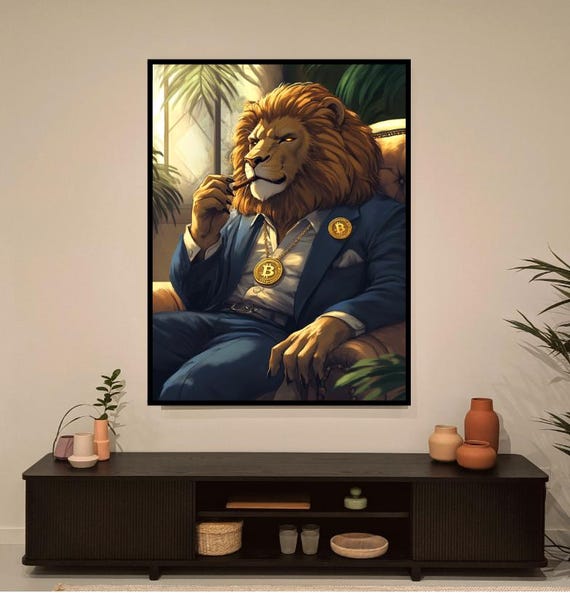 Rich Lion Wearing Bitcoin Pendant Wall Art