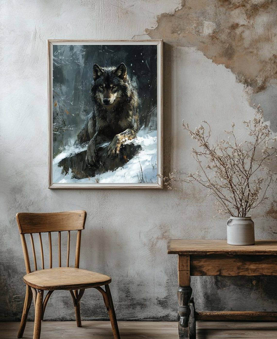 Dark Wolf on Snowy Rock in Winter Forest Moody Wildlife Animal Poster