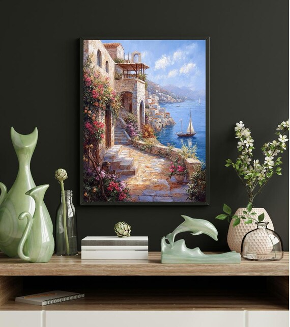 Greek Island Coastal Village Sailboat Sea View Painting Poster