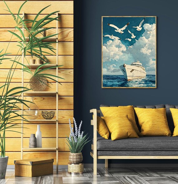 White Yacht Nautical Painting Seagulls Sparkling Blue Ocean Wall Art