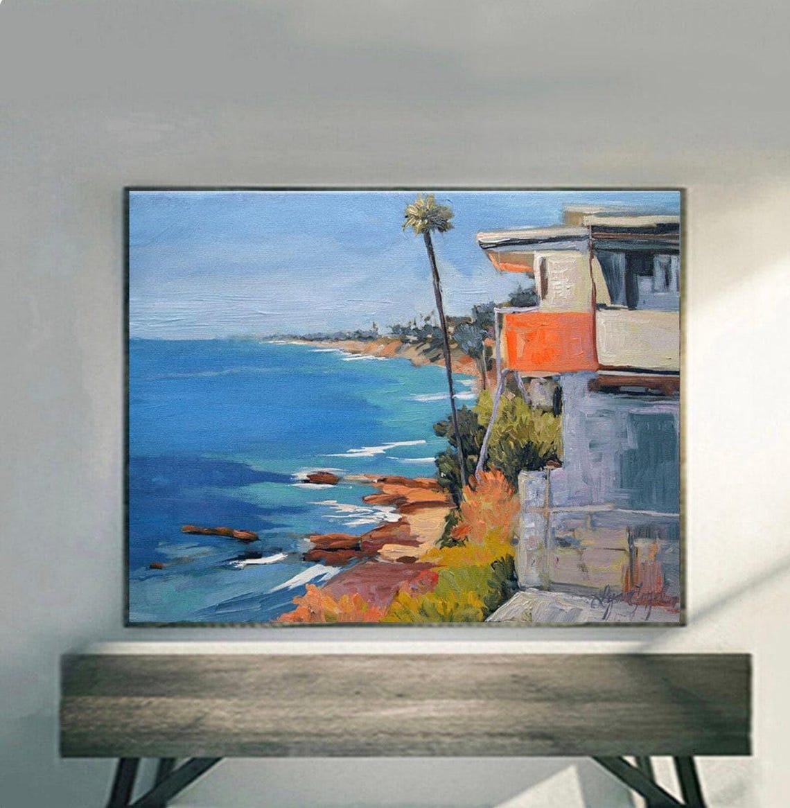 California Coast House Cliff Palm Tree Turquoise Ocean Poster