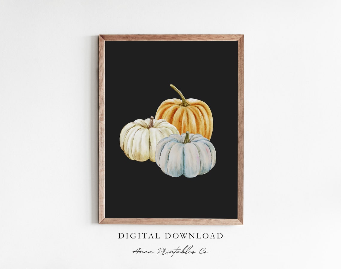 Pumpkin Trio Watercolor on Black Moody Autumn Fall Decor Poster