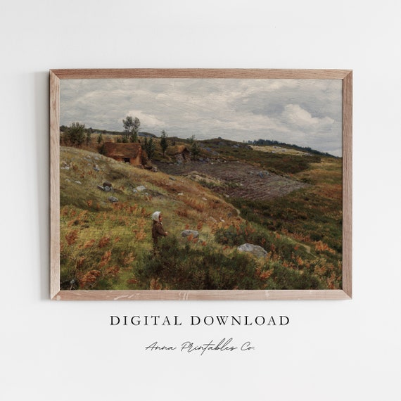Lowland Cottage Antique Moody Landscape Painting For Vintage Fall Wall Art Autumn Decor Fine Art Print
