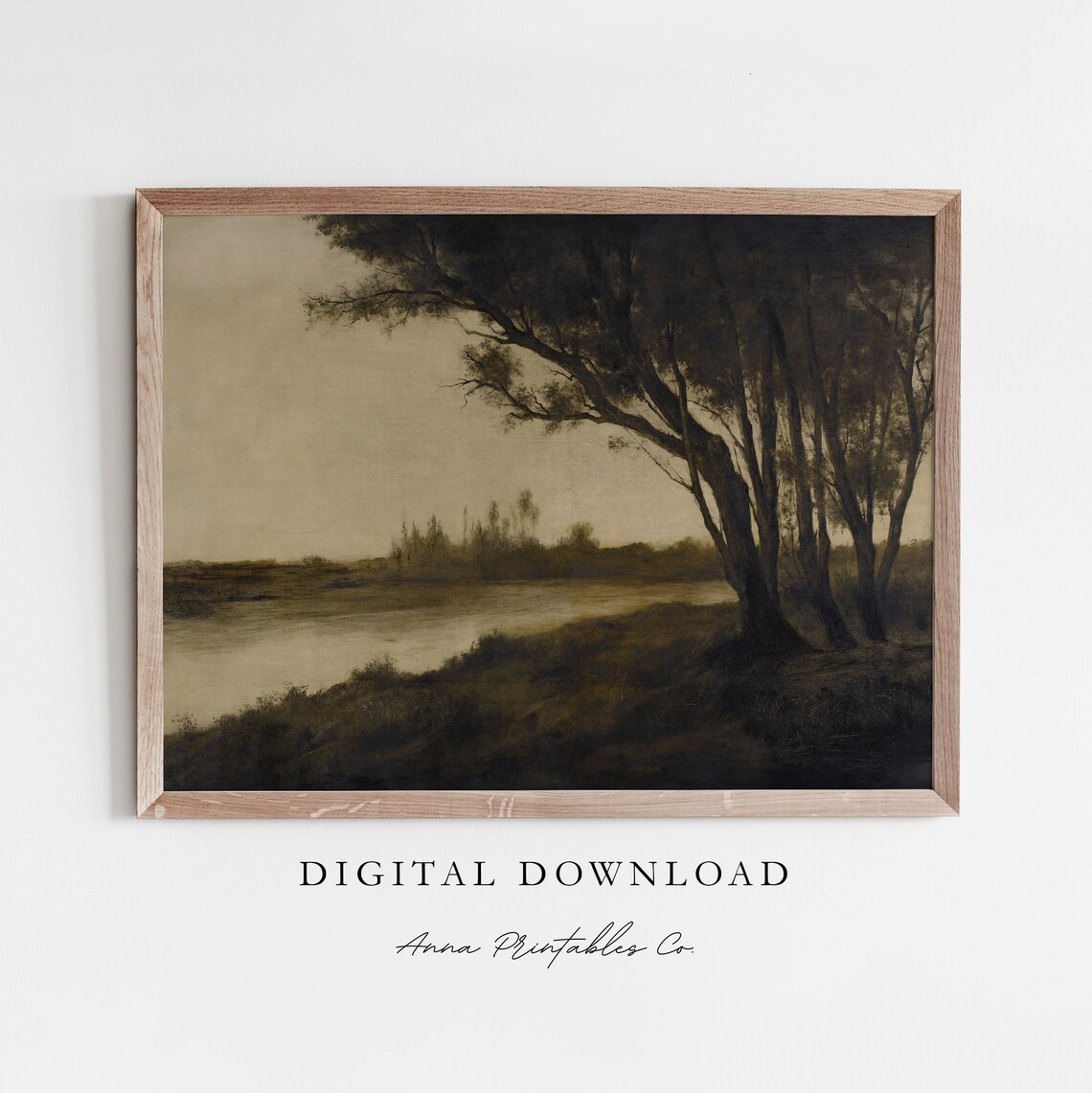 Riverbank at Dusk Antique Moody Landscape Art Print
