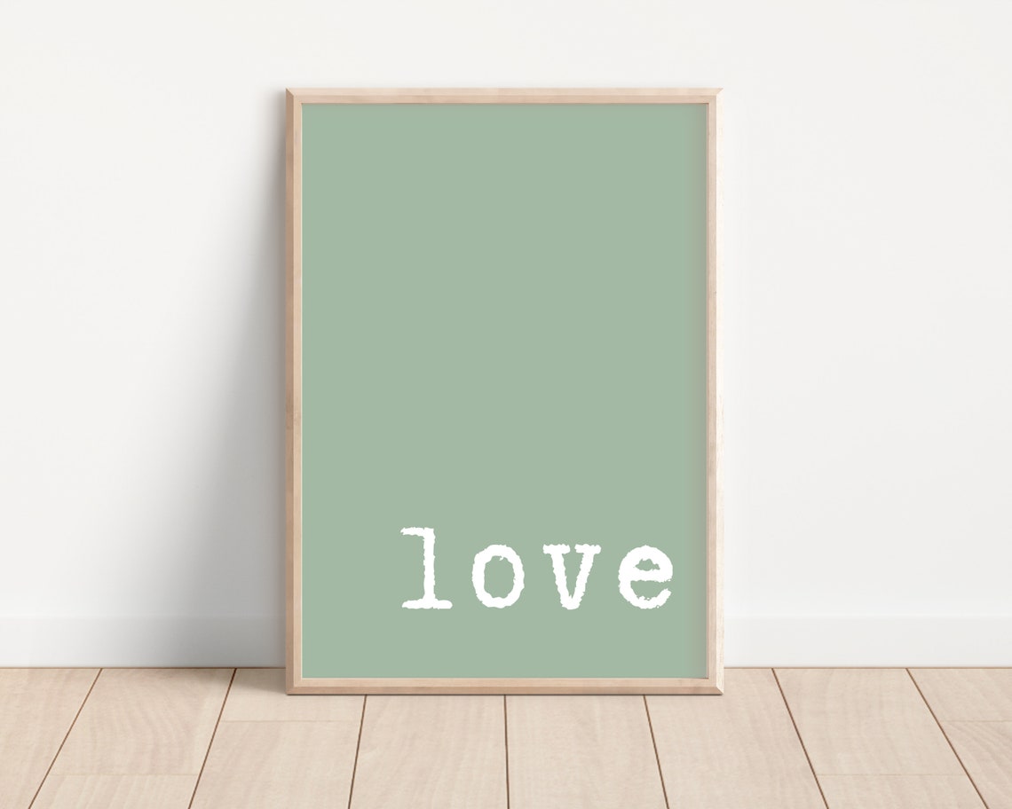 Minimalist Love Typography Poster on Soft Sage Green Wall Decor