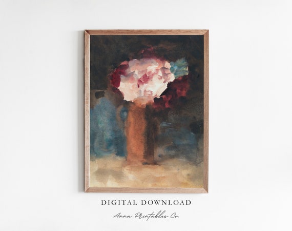Roses In A Copper Vase Antique Abstract Flower Painting For Vintage Moody Watercolor Wall Art Cottage Home
