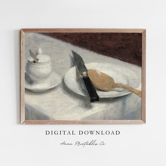 Knife And Spoon Antique Dining Table Still Life Painting For Vintage Kitchen Wall Art Moody Fine Art Print
