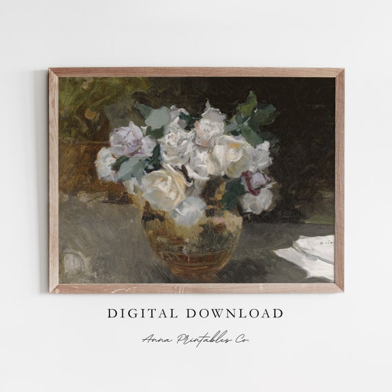 Bouquet Of Roses Antique Still Life Flower Painting For Moody Floral Wall Art Rustic Farmhouse Decor Art
