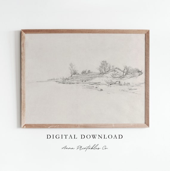 Pastures Edge Antique Landscape Sketch Print For Neutral Tone Wall Art Fine Art Prints Vintage Drawing