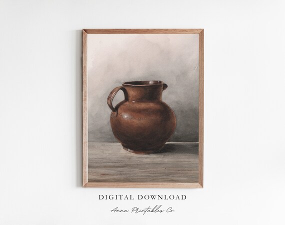 Rustic Brown Clay Jug Watercolor Kitchen Still Life Art Poster