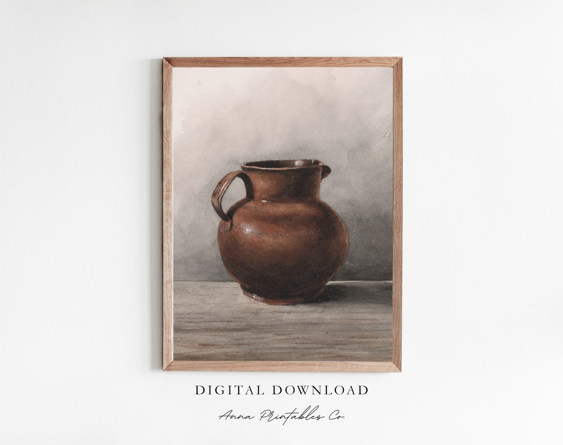 Rustic Brown Clay Jug Watercolor Kitchen Still Life Art Poster