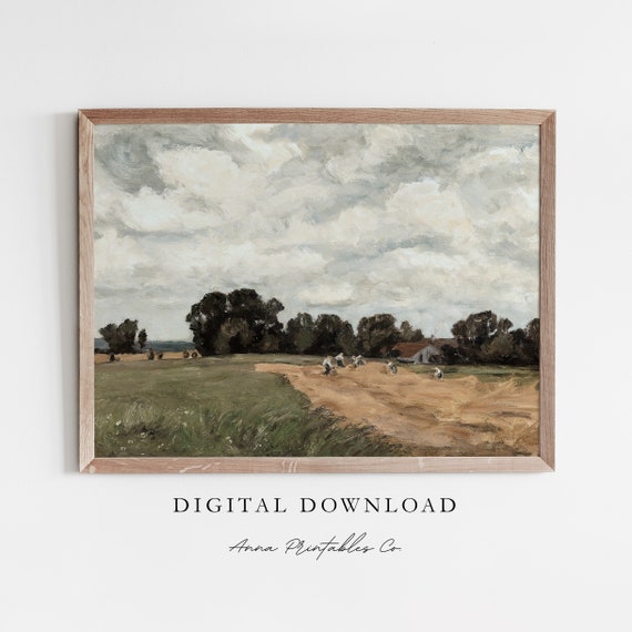 Working In The Field Antique Farm Landscape Painting For Vintage Cottagecore Wall Art Farmhouse Decor Print