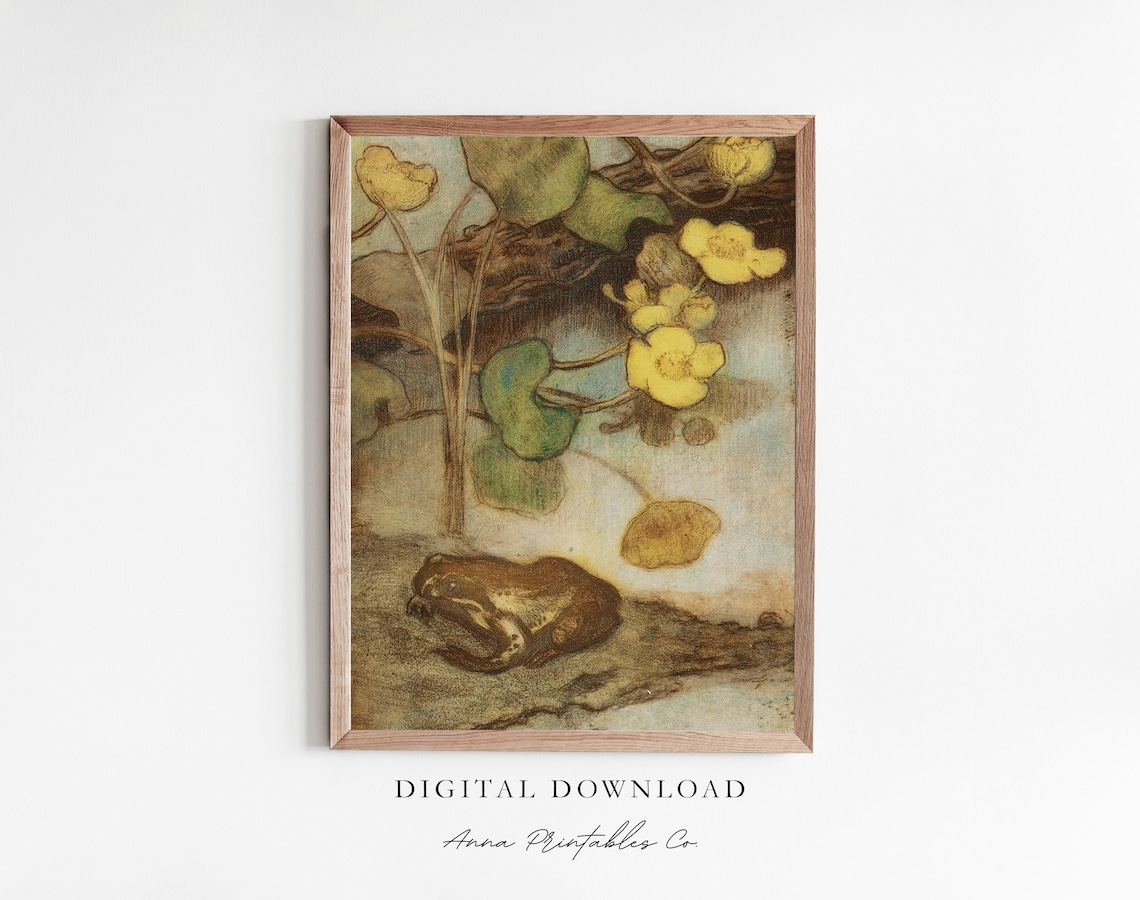 Frog and Yellow Marsh Flowers Vintage Pond Nature Illustration Poster