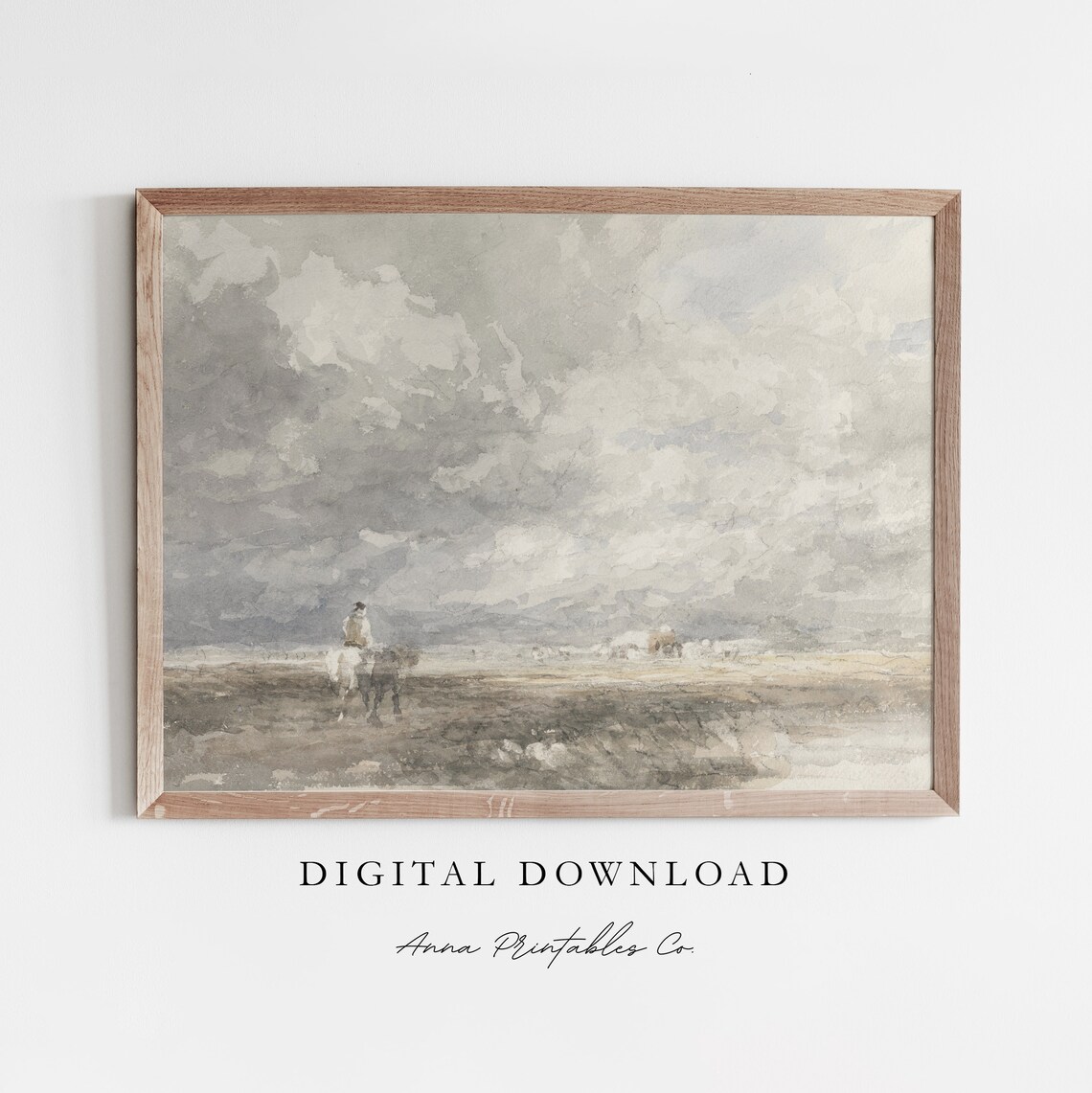 Misty Watercolor Landscape with Horseback Rider Stormy Sky Poster