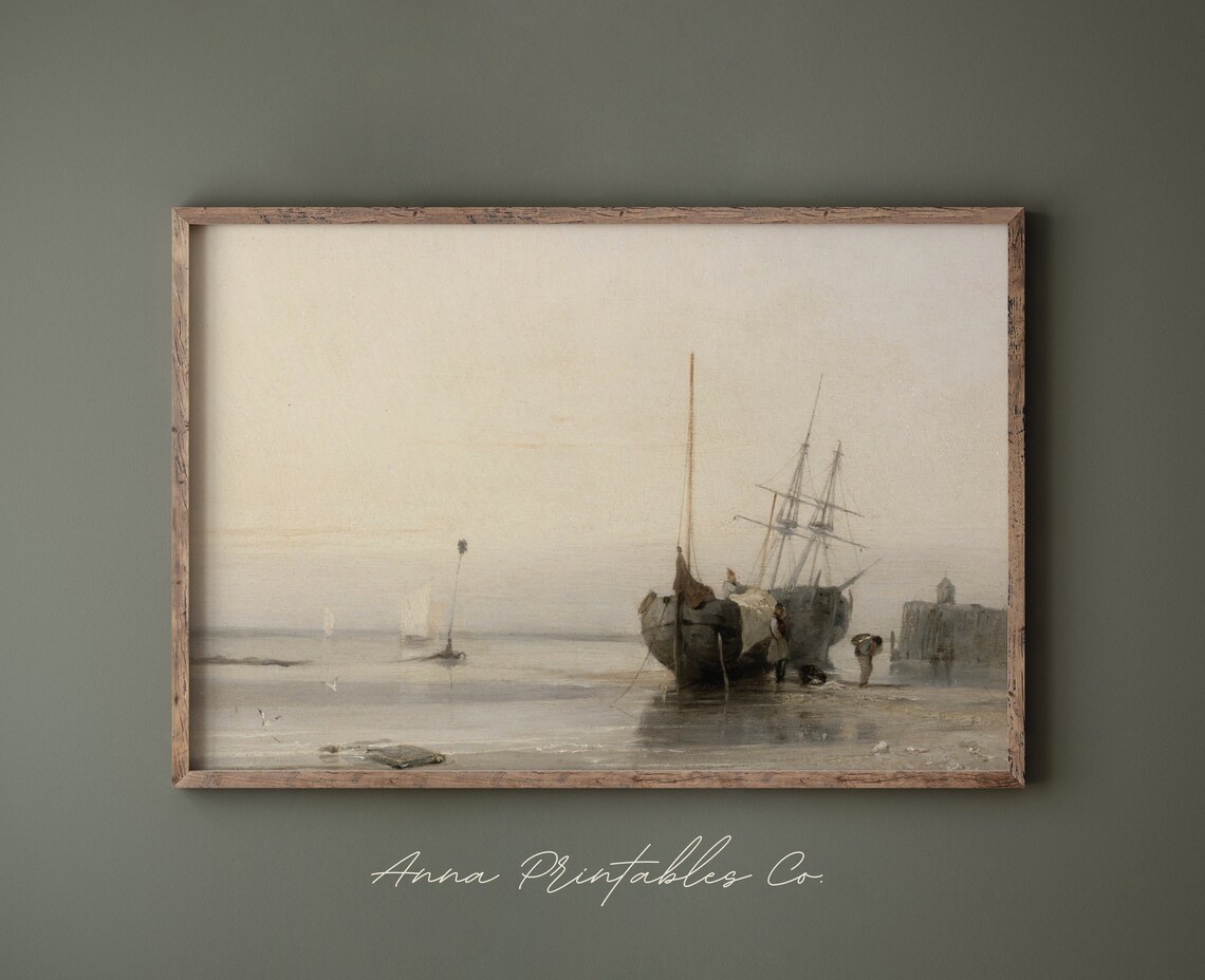 Antique Hazy Seascape Tall Ships Vintage Coastal Painting Poster - Image 2