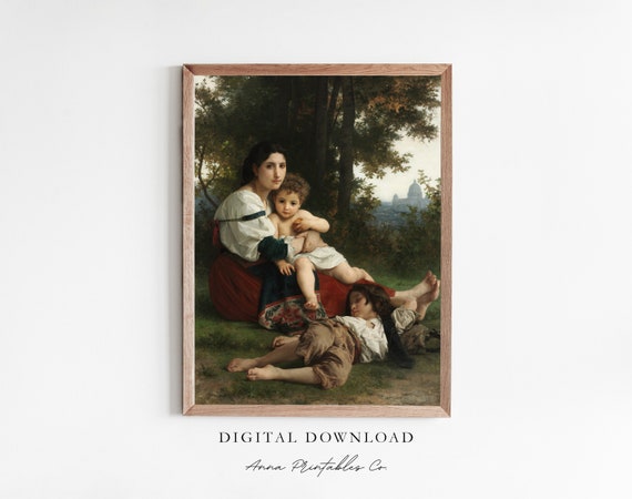 Mother And Children Antique Portrait Painting For Academia Aesthetic Wall Art Vintage Moody Artwork Print