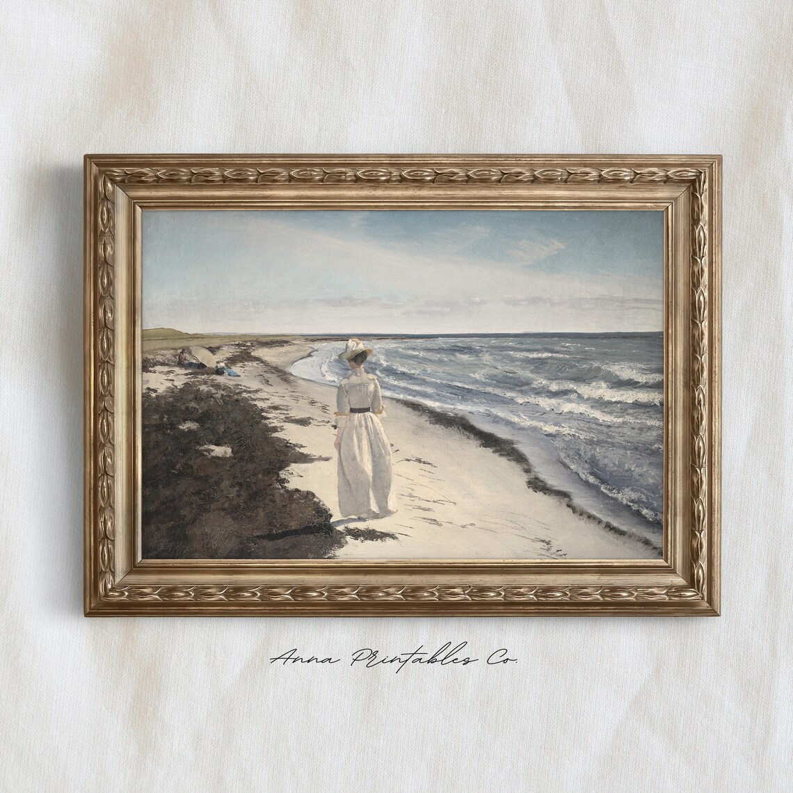 Woman in White Dress Walking Along Beach Vintage Painting Print - Image 2