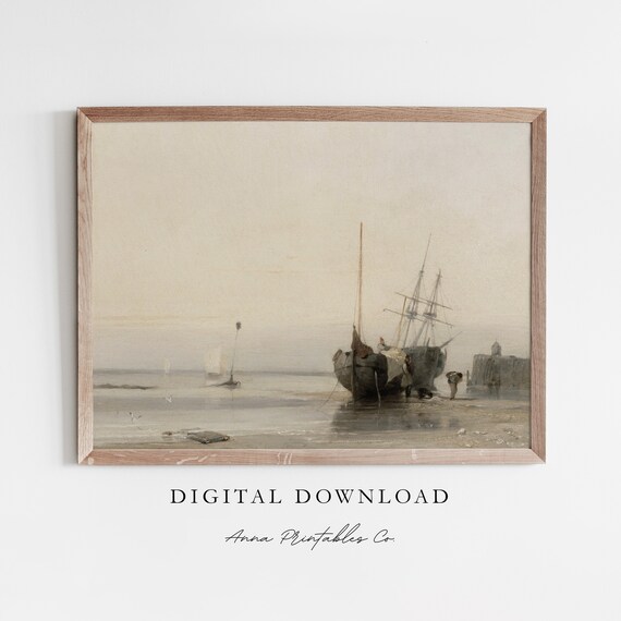 Antique Hazy Seascape Tall Ships Vintage Coastal Painting Poster