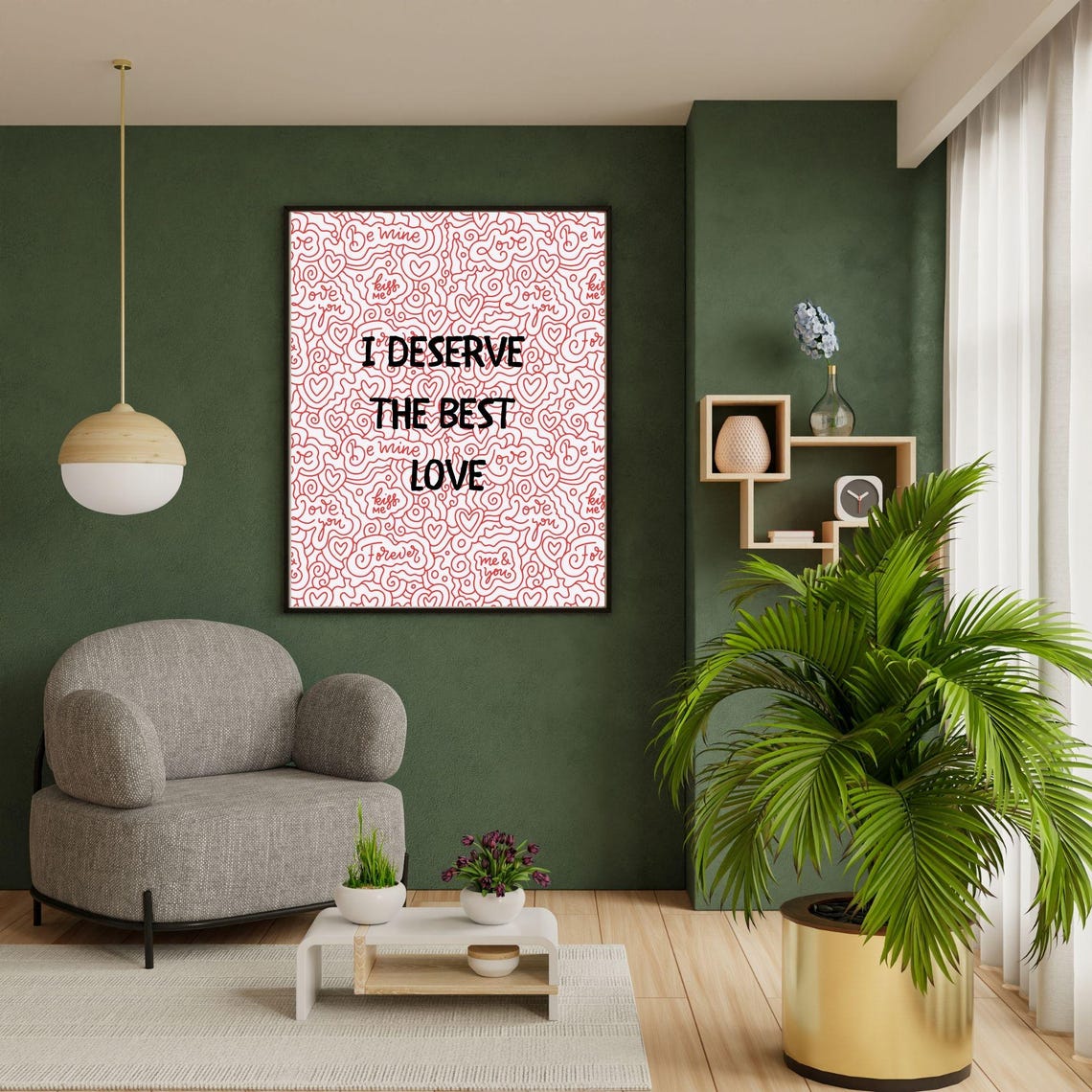 I Deserve The Best Love Empowering Quote Pink Hearts Doodle Art Poster - Image 3