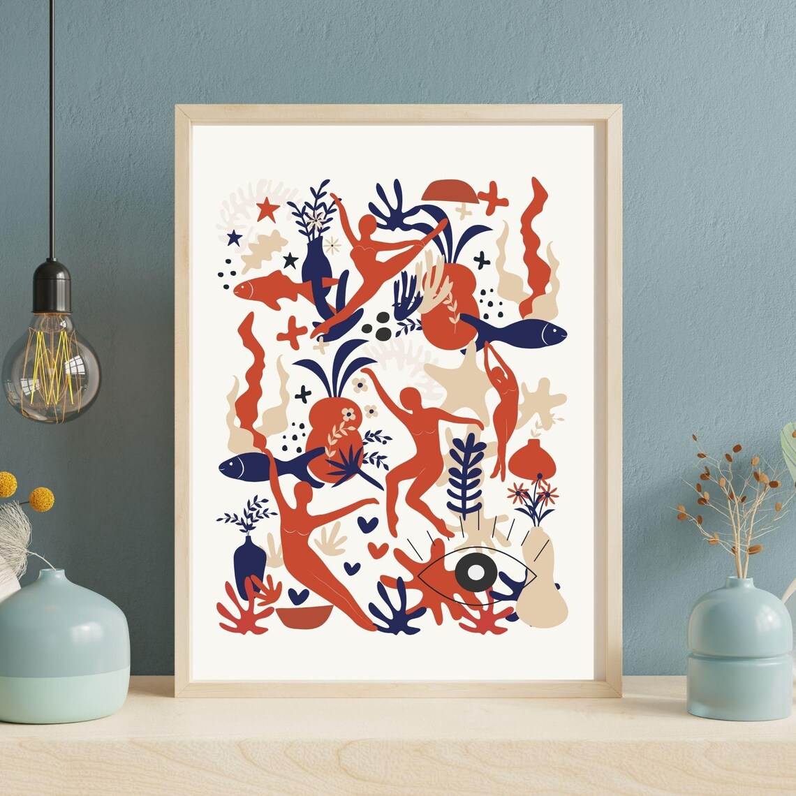 Matisse Inspired Dancing Figures Fish Botanical Abstract Terracotta Wall Art Poster - Image 4