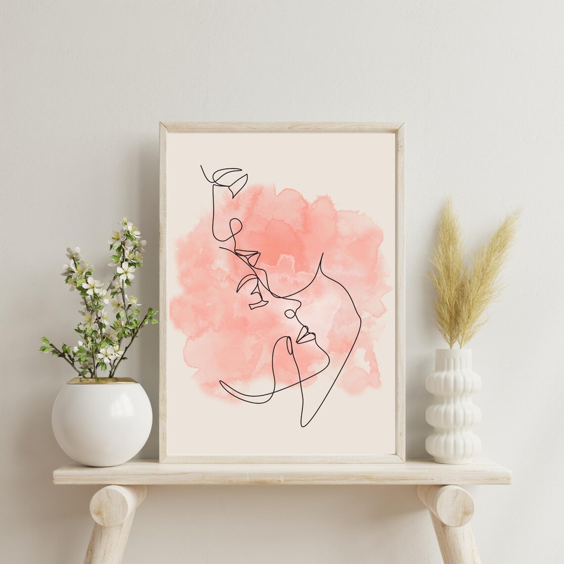 Romantic Couple One Line Kiss Pink Watercolor Modern Art Print
