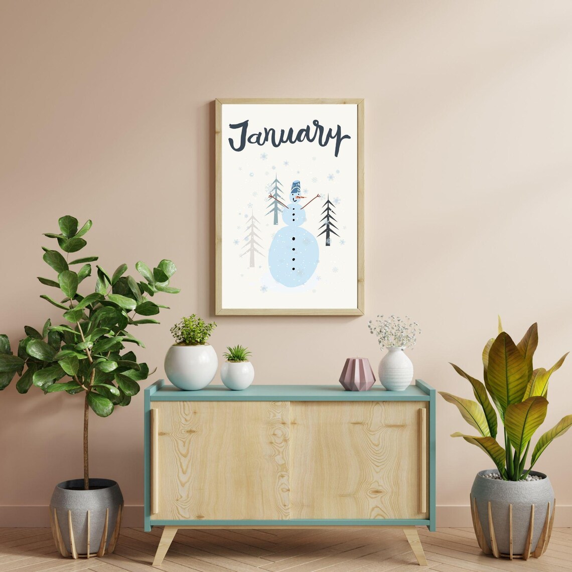 January Snowman Wonderland Winter Pines Snowflakes Seasonal Art Print - Image 4