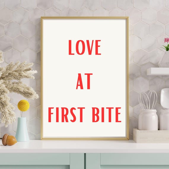 Love At First Bite Fun Kitchen Art Cute Wall Poster Aesthetic Kitchen Decor Minimalist Wall Art Red Lovers Art