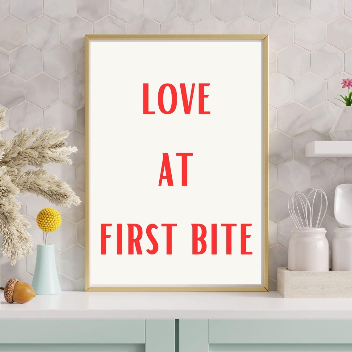 Love At First Bite Fun Kitchen Art Cute Wall Poster Aesthetic Kitchen Decor Minimalist Wall Art Red Lovers Art