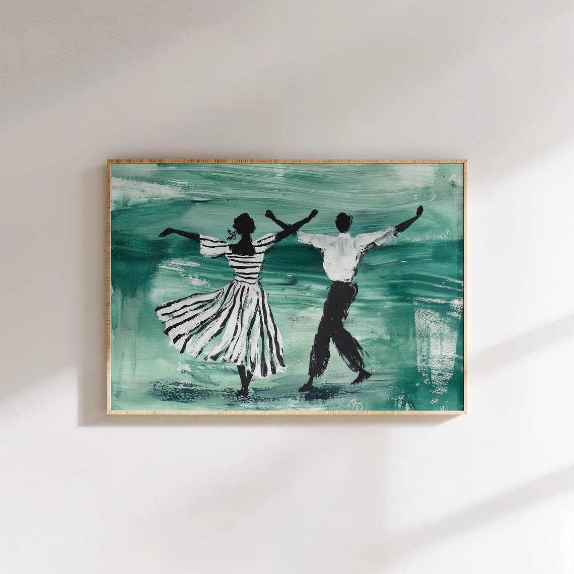 Dancing Couple Teal Background Joyful Twirl Silhouette Painting Poster - Image 3