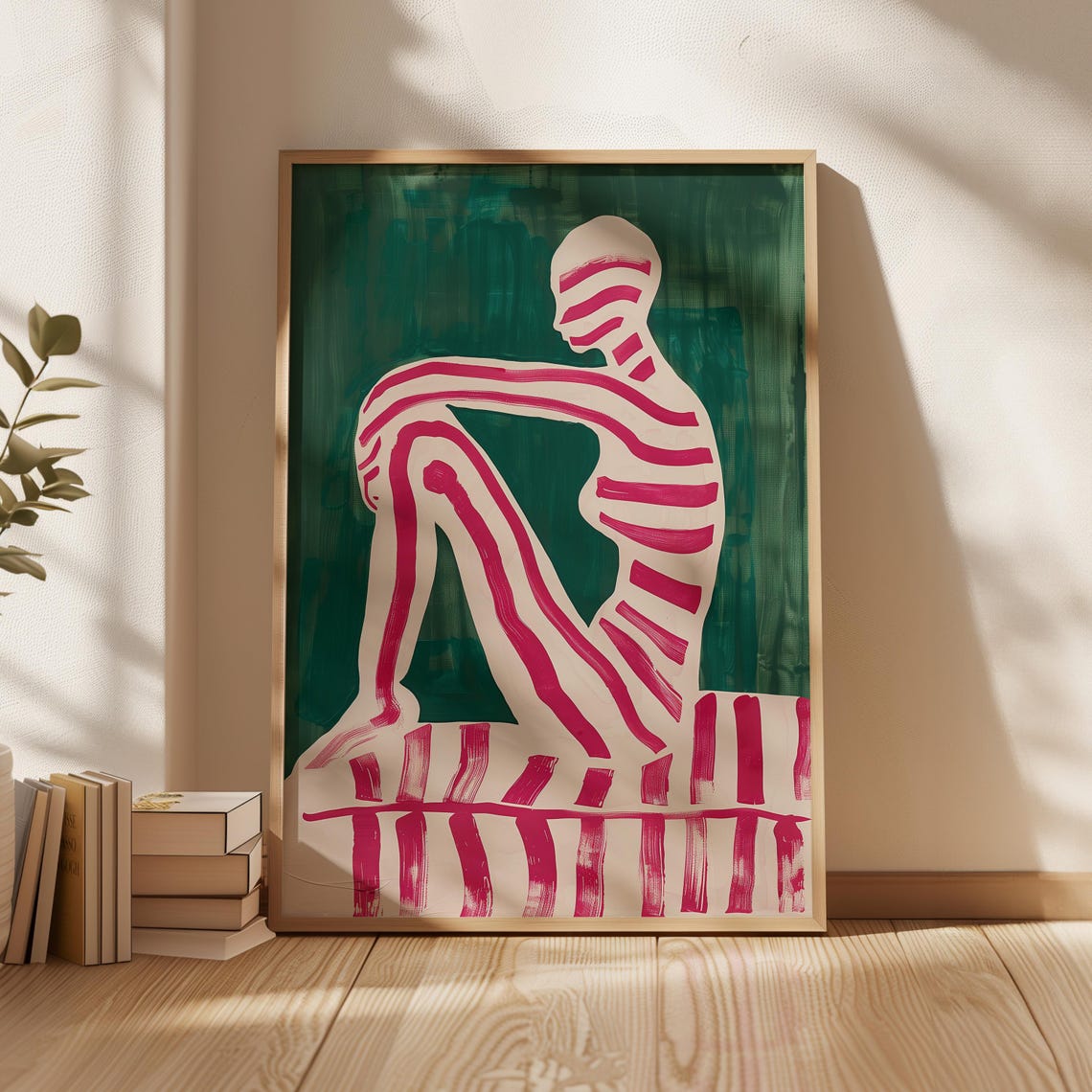 Emerald Green Abstract Seated Figure Pink Stripes Modern Wall Art