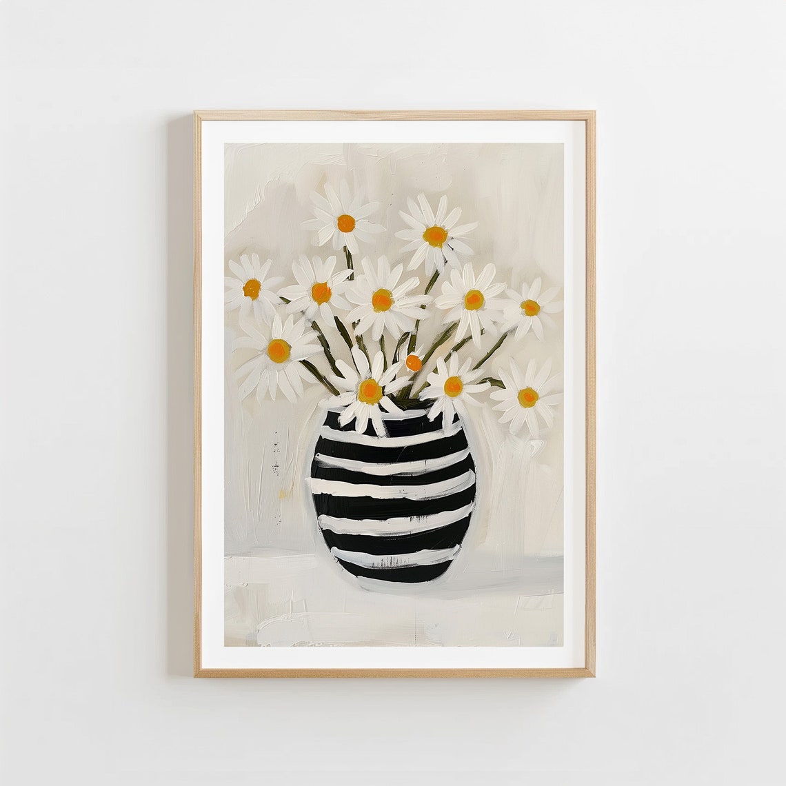 White Daisies Striped Vase Minimalist Neutral Floral Still Life Poster - Image 4