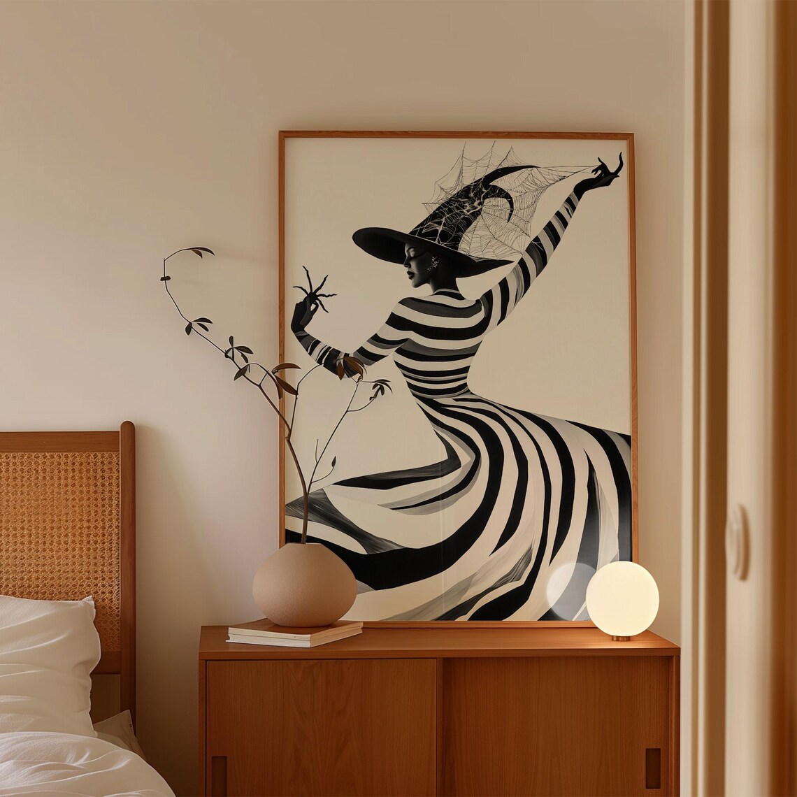 Elegant Witch in Striped Dress, Gothic Halloween Print - Image 4