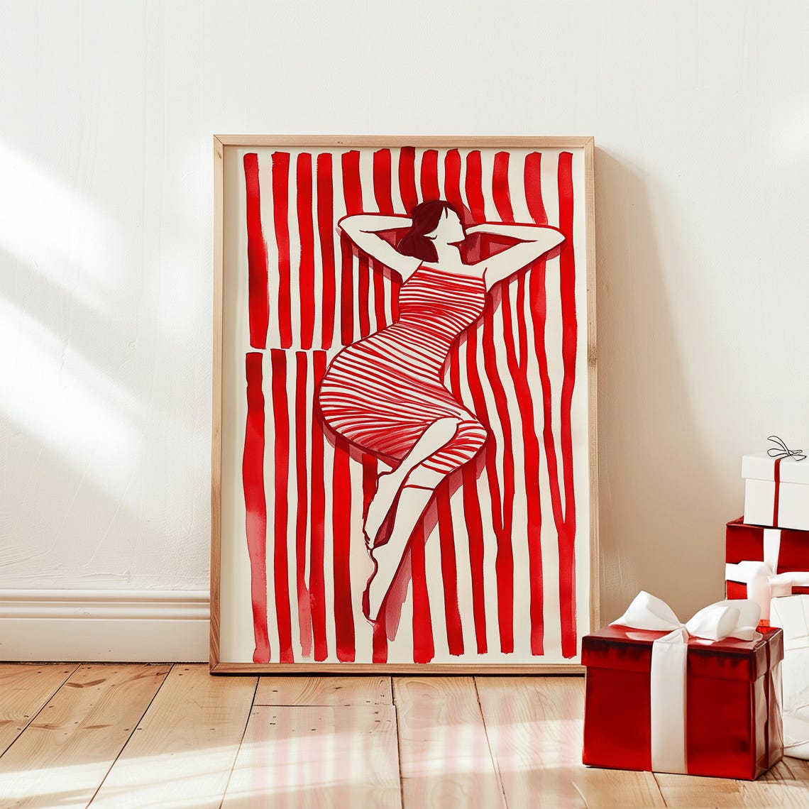 Red Striped Woman in Swimsuit Relaxing Retro Summer Art Poster