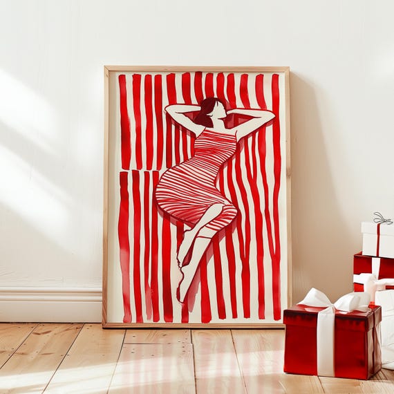 Red Striped Woman Print Abstract Wall Art Modern Decor Poster Minimalist Artwork Contemporary Red Art Bold Design Illustration