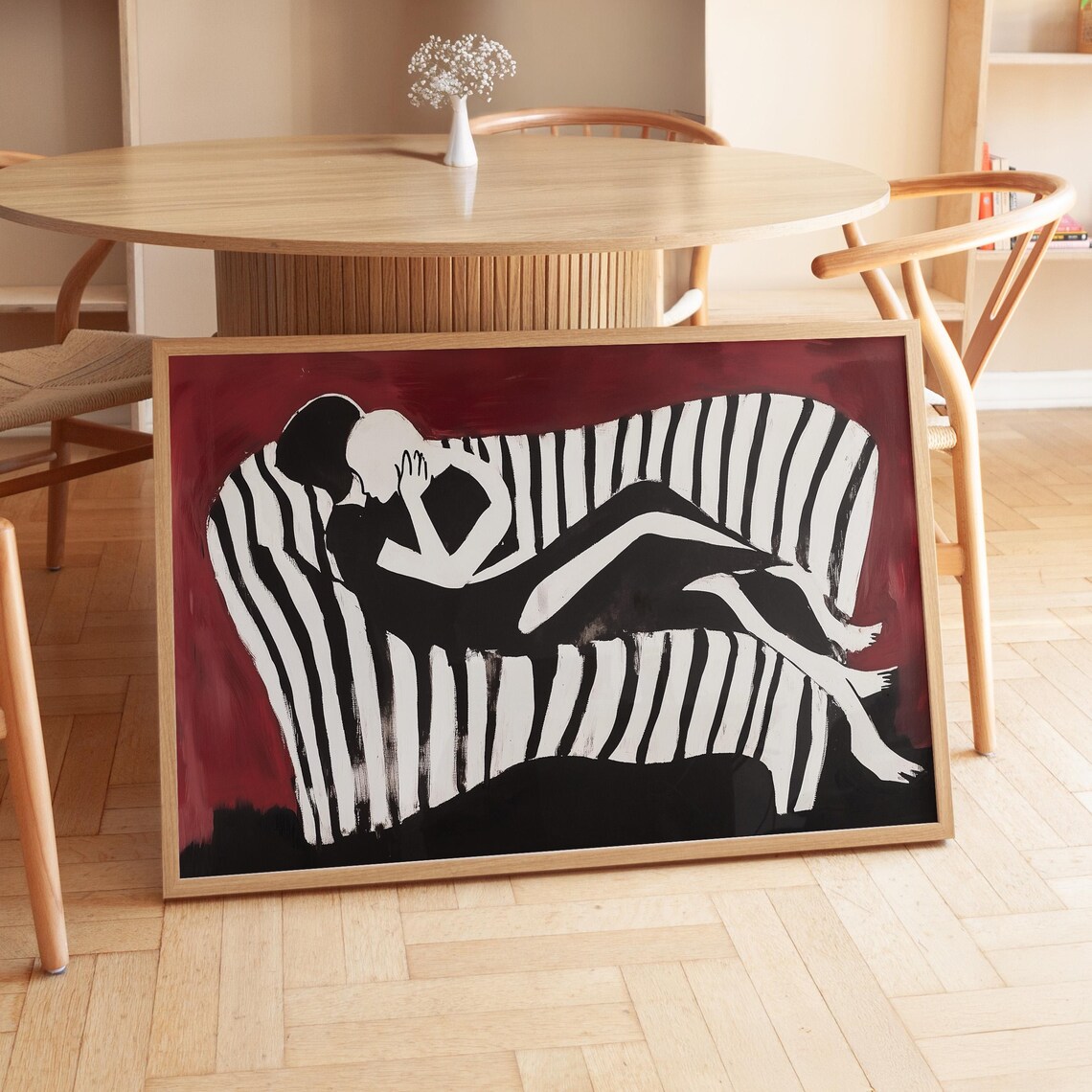 Abstract Couple Embrace Striped Lovers Burgundy Painting Style Poster