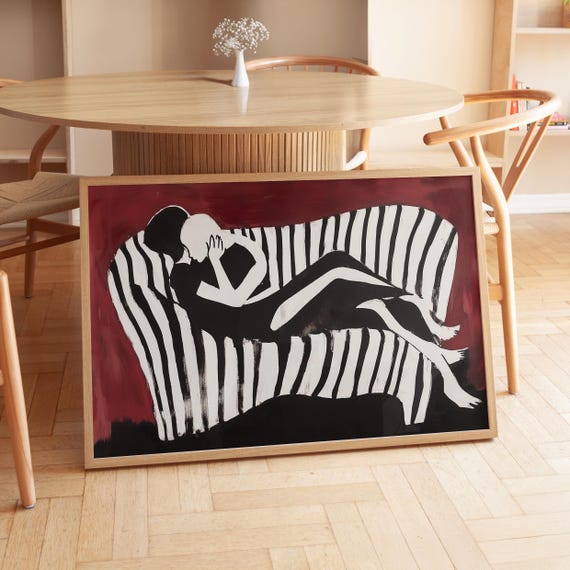 Abstract Couple Embrace Art Bold Black And White Romantic Print Passionate Lovers On Striped Couch Minimalist Wall Art Modern Love Artwork