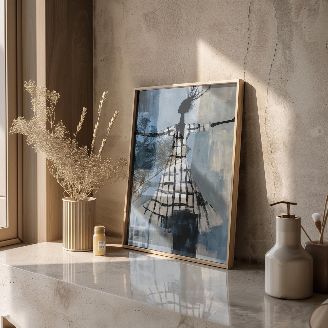 Faceless Ballerina In Checkered Dress With Arms Open Abstract Wall Art