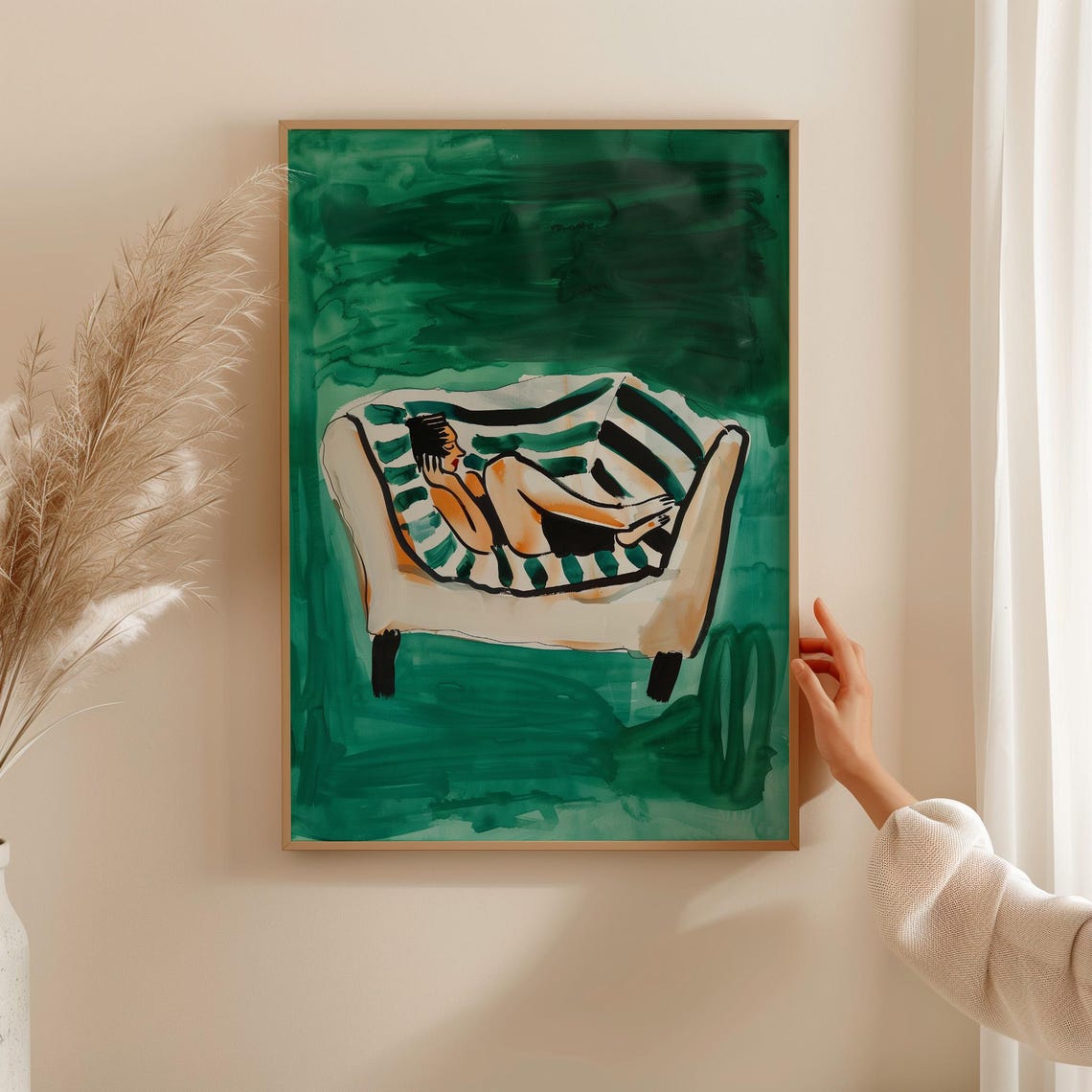 Woman Lounging on Striped Sofa Green Modern Relaxation Poster - Image 4