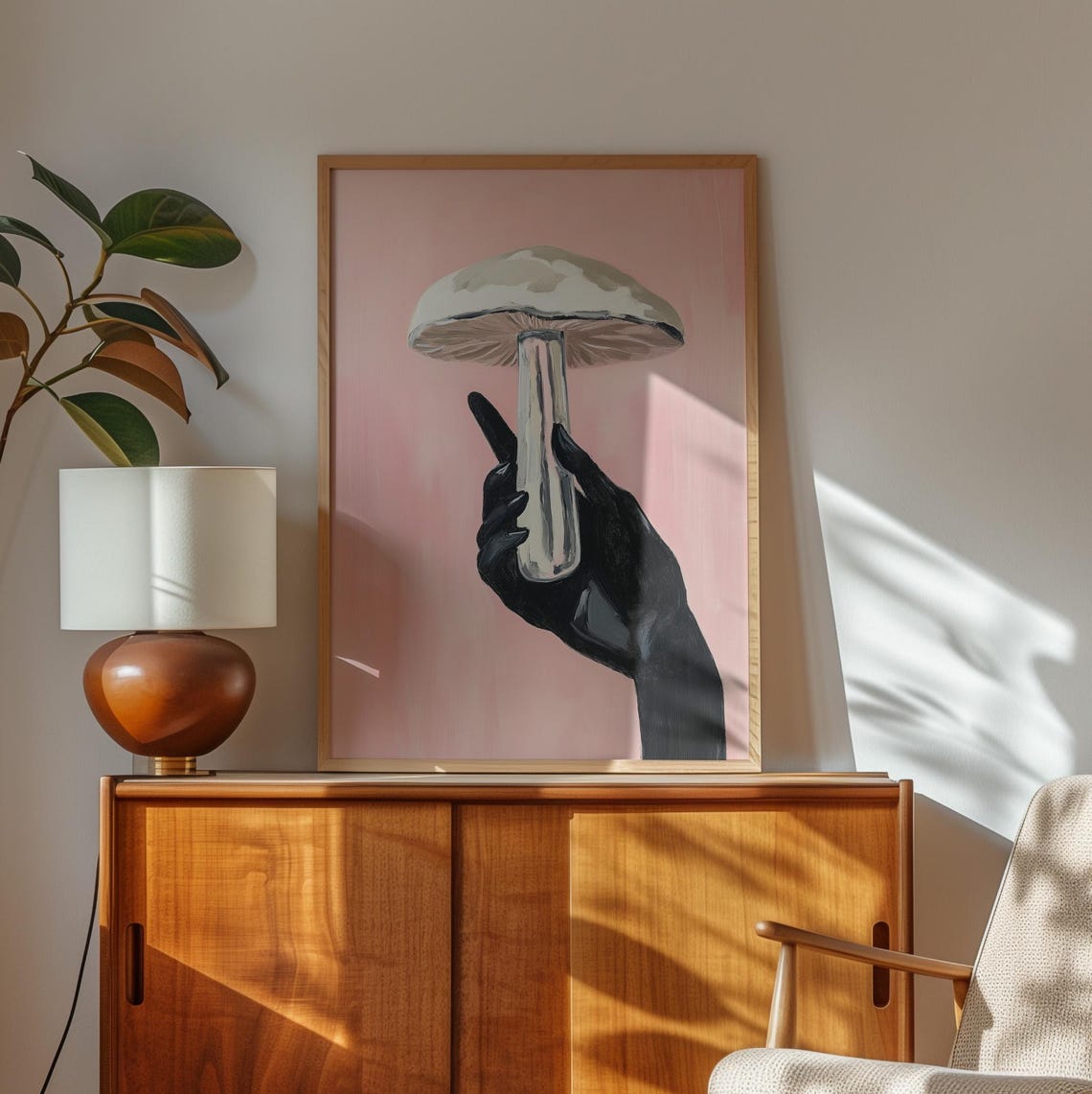 Black Hand Holding a Pale Mushroom on Soft Pink Surreal Poster - Image 3