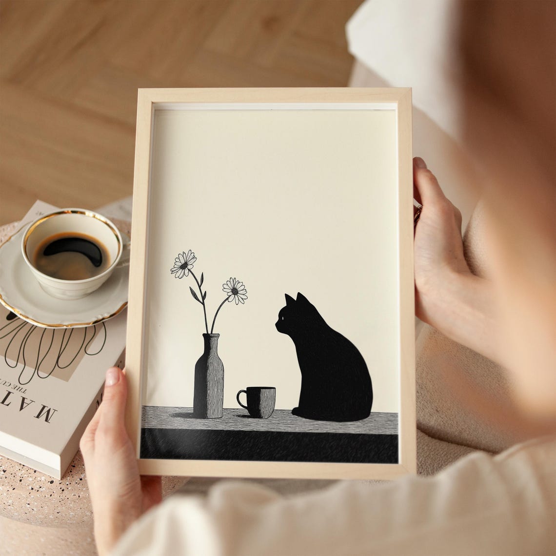 Black Cat Silhouette with Daisies and Mug Minimalist Cat Poster - Image 2