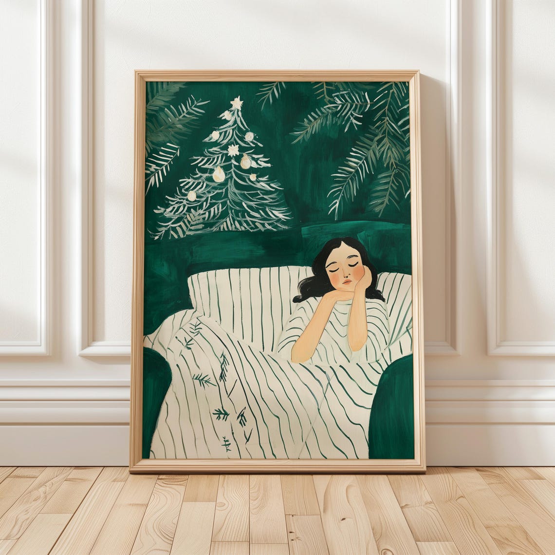 Woman Resting on a Couch Under a White Christmas Tree Poster