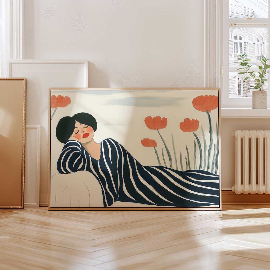 Woman in Striped Dress Reclining Among Tall Red Poppies Poster