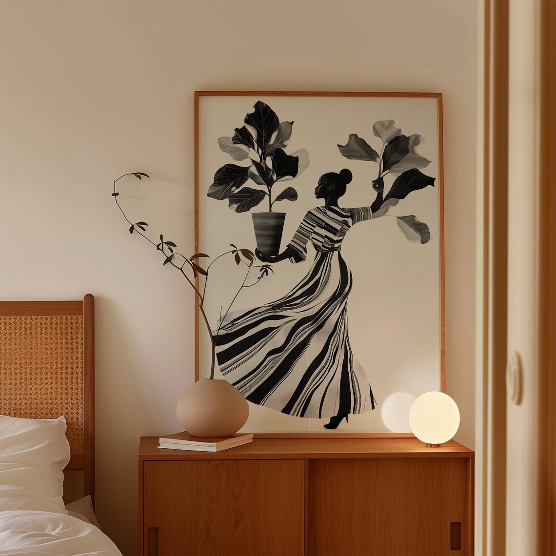 Black And White Woman Holding A Large Potted Plant Minimalist Print - Image 4