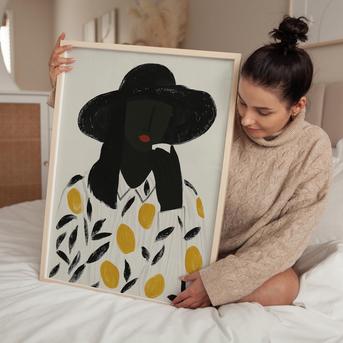Woman in a Black Hat with a Lemon Pattern Blouse Minimalist Poster - Image 2
